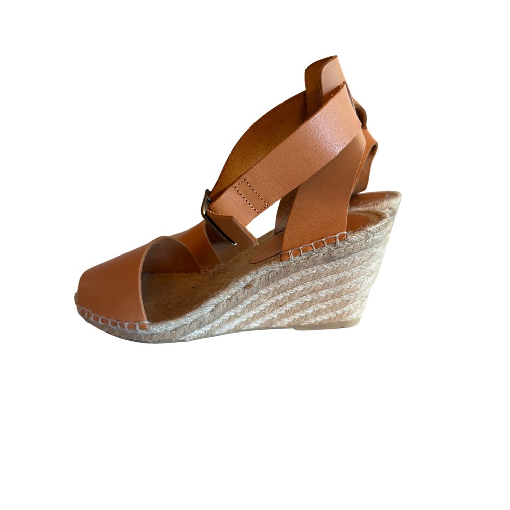 J.Crew Wedge Sandals Tan Leather C4755 Espadrille Ankle Strap Women 10 High Heel - Picture 2 of 7